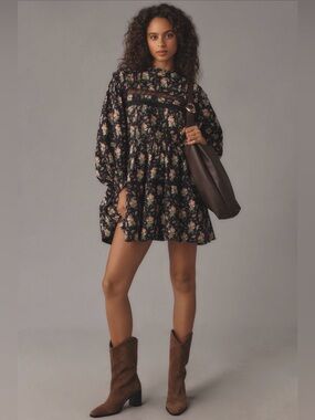 Pilcro Anthropologie NWT Small Floral Mini Dress Mock Neck Long Sleeve Boho